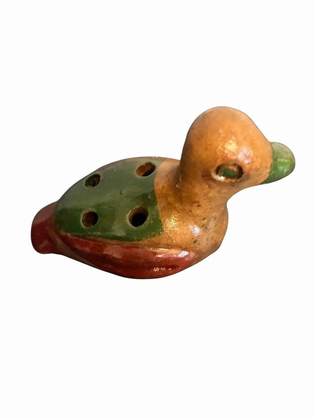 Mexican Folk Art Clay Duck Whistle Hand Painted Pottery Figurine Mexico Vintage